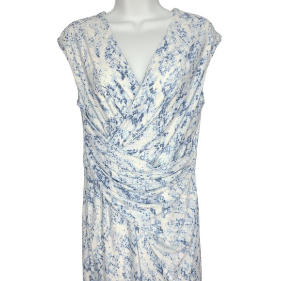 DKNY Gathered Faux Wrap Dress size 8 Blue Snake Print Surplice Tulip Skirt - Picture 3 of 9